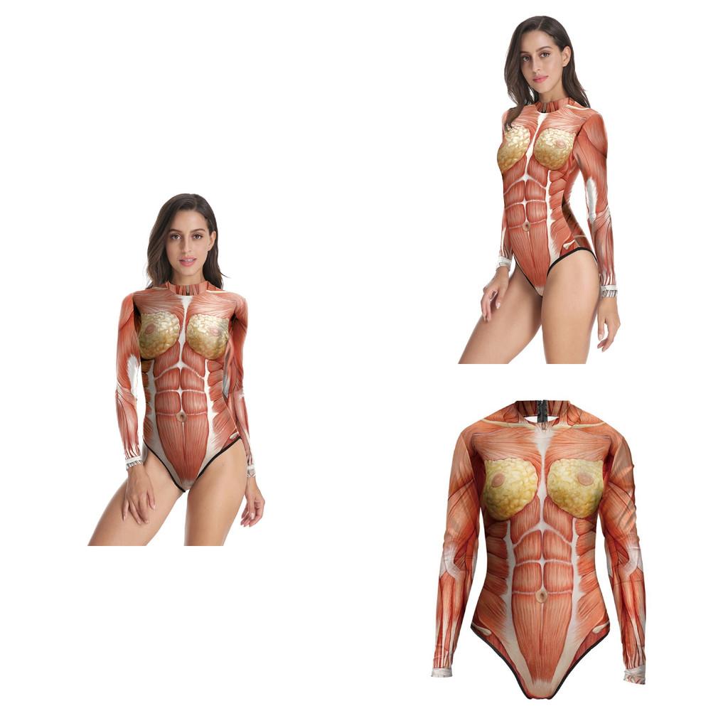 Body Tissue Print Swimwear Beach Pool One Piece Tight Long Sleeve Bikini Women