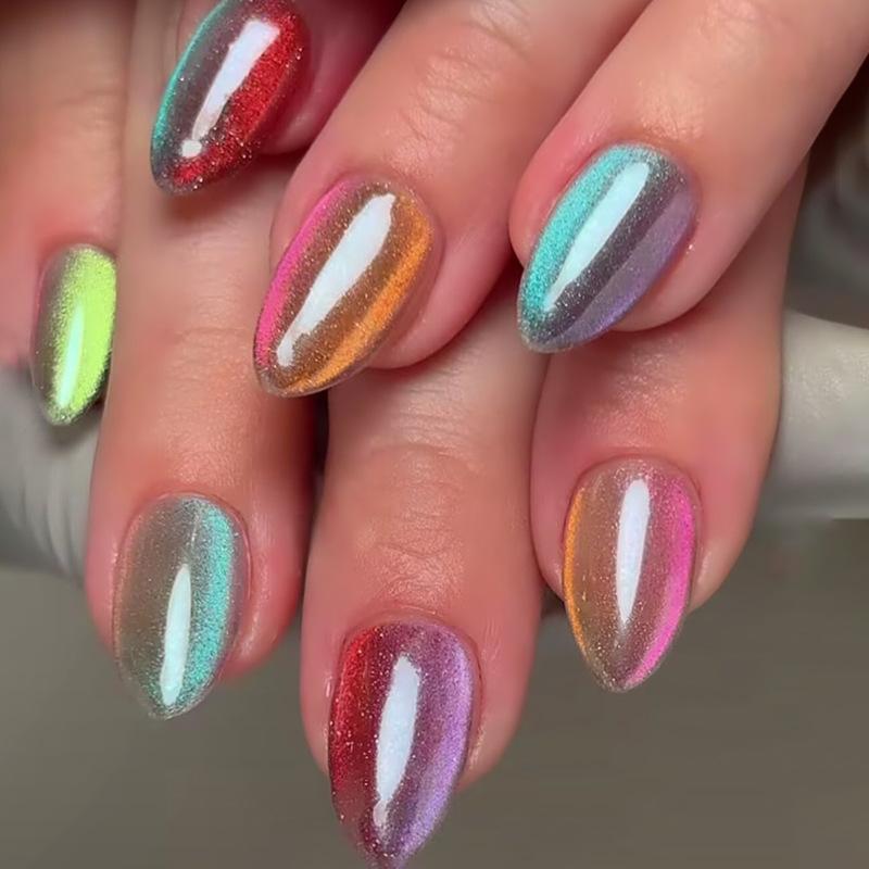 Cat Eye Dopamine Vitality Gradient Rainbow Removable Nail Art Tablets 30 Pieces Press On Nails