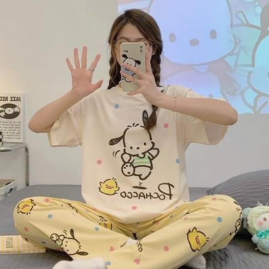 Damen Sommer Cartoon Pyjama Set - Rundhals, Kurzarm, Leichte Hose für Frühling & Herbst