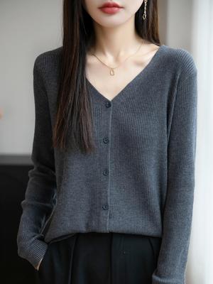 2025 Autumn V-Neck Thin Knit Cardigan - Solid Color, Single-Breasted, Long-Sleeve Outerwear