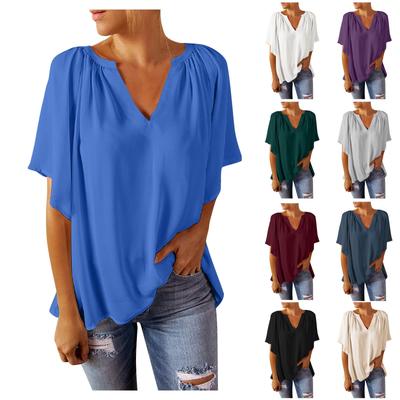 Moda feminina temperamento comute francês camisa de manga curta com decote em v