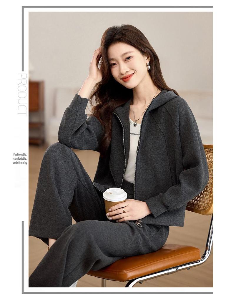 2025 Spring/Autumn Women's Petite Hooded Knit Tracksuit: Sweatshirt & Wide-Leg Pants Set