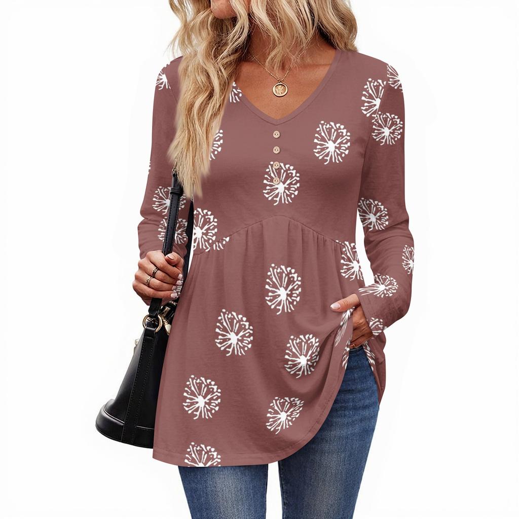 Women's Casual Fashion V-Neck Button Retro Floral Print Long Sleeve Top