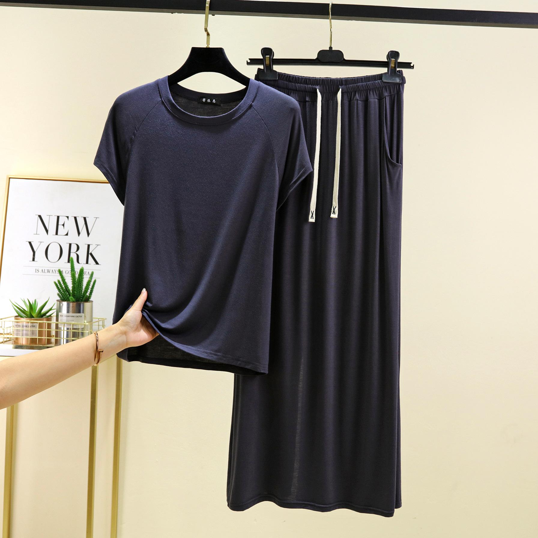 

Футболки с коротким рукавом и длинным рукавом из модала с круглым вырезом и длинная юбка, комплект из 2 предметов домашней одежды больших размеров, свободные комплекты модных платьев, женские комплекты 2XL серый