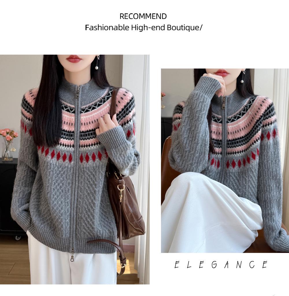 Women's Retro Zipper Wool Cardigan - Stylish Jacquard Knit for Autumn/Winter
