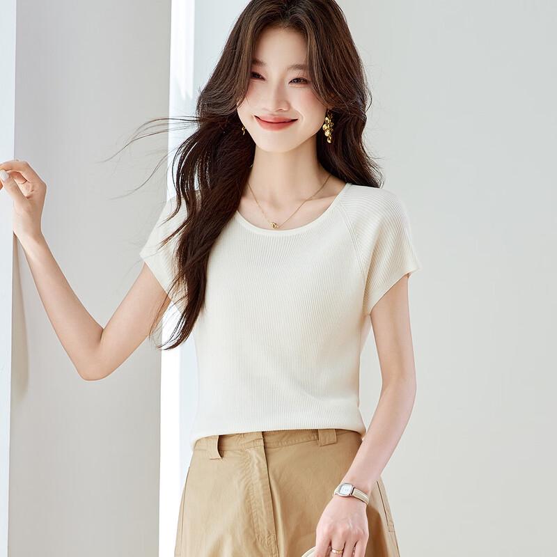 Srcr Women's 100% Mulberry Silk Slim Fit Short Sleeve Knit Top