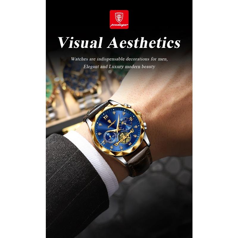 POEDAGAR Luxus-Armbanduhr für Herren Sport Leder Quarz-Uhr Wasserdicht Leuchtend Chronograph Uhren Männliche Uhr Reloj+Box