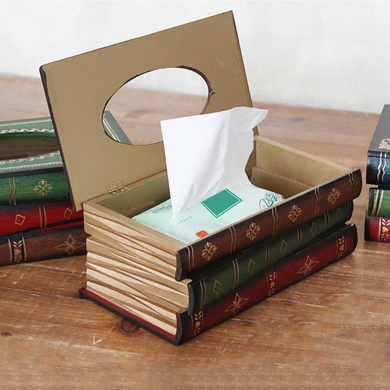 Retro Wood Book Shape Tissue Box Rectangle Napkin Paper Holder Storage Case Tissue Holder Container Home Living Room Decoration