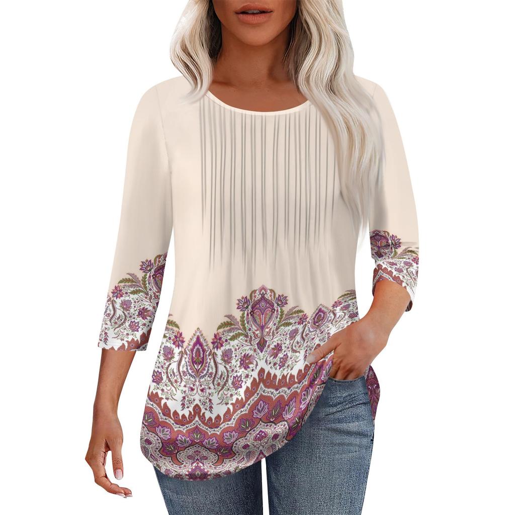 Women's Fashionable Casual Pleated Round Neck Casual Floral Print Seven Quarter Sleeved T-shirt Top