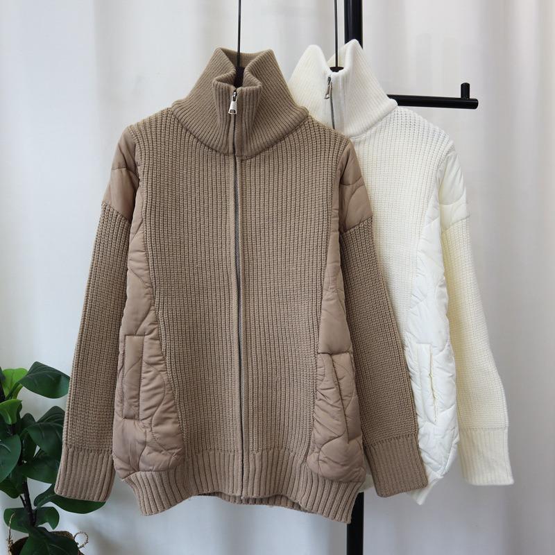 Autumn and Winter New Zipper Splicing Cotton Clothes Sweater Jacket Design Sense Thickened Knitted Cardigan Women