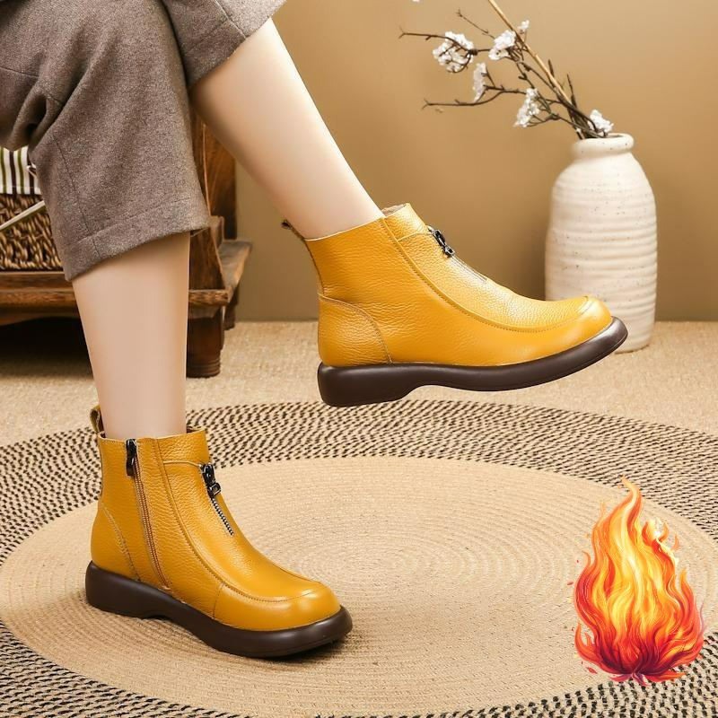 Cowhide Cotton Shoes, Flat-bottomed Wool Short Boots, Women's Winter Plus Velvet Warm Boots, Soft-soled Non-slip Leather Boots