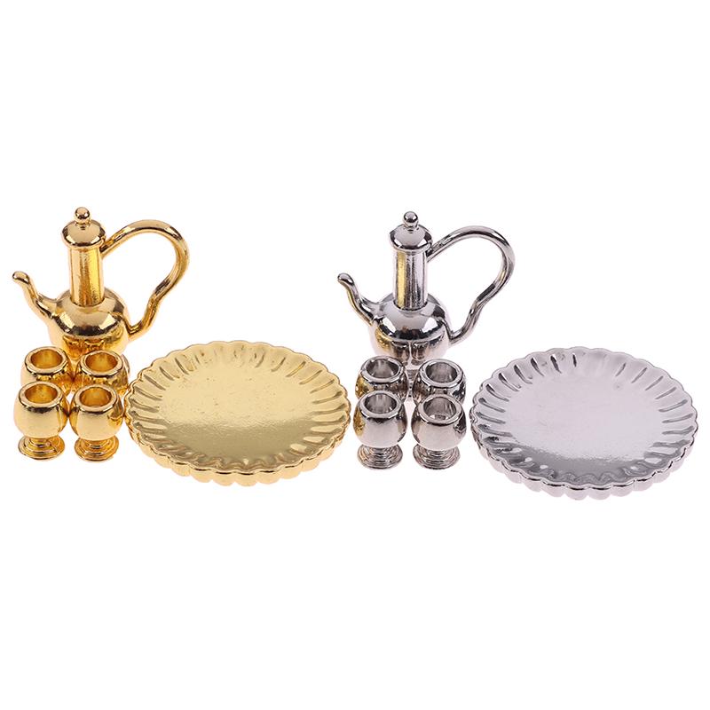 1: 12 Dollhouse Miniature Metal Tea Set Teapot Cup Plate Furniture Toys