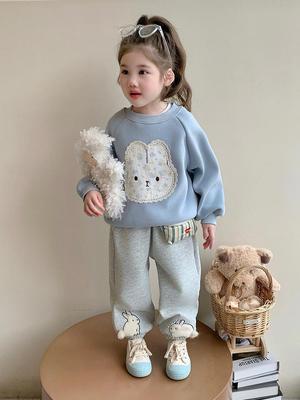 Korean Autumn/Winter 2025 Blue Cartoon Fleece Sweatshirt & Casual Sweatpants Set for Girls