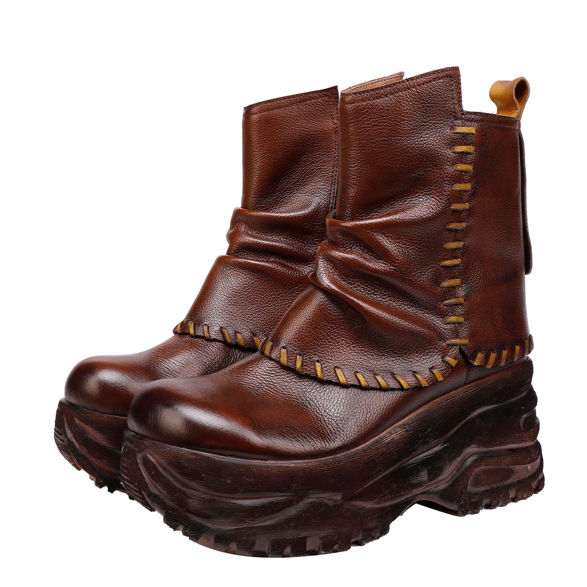 

Johnature Женские туфли на платформе из натуральной кожи, на толстой подошве, удобные, универсальные, ретро танкетки, короткие ботинки 39 коричневый