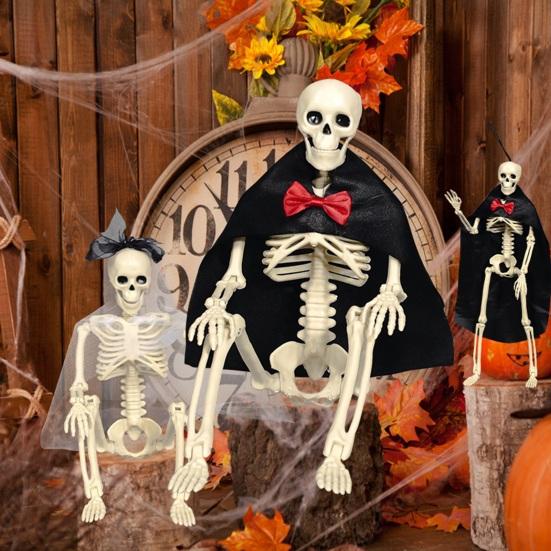 Yousheng Halloween Skeleton Bride Groom Statue 15 Inch Plastic Posable Skeleton Wedding Couple Hanging Ornament with Veils Robe for Haunted House