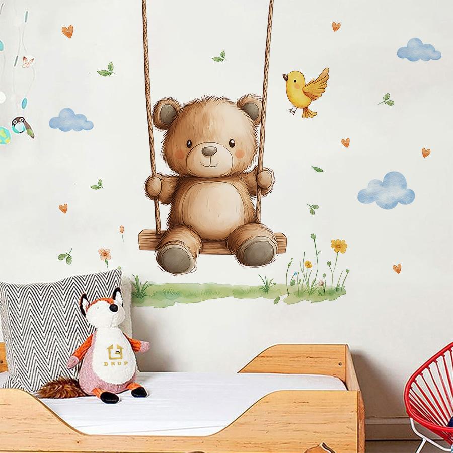 Cute Cartoon Fluffy Bear on Swing with Butterfly Grass Wall Stickers, Self-Adhesive Decor for Bedroom Dorm Room Home Decoration