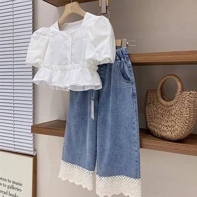 Girl's Summer French Thin Suit Middle and Large Children Square Neck Bubble Sleeve Shirt + Jeans Two-piece Set