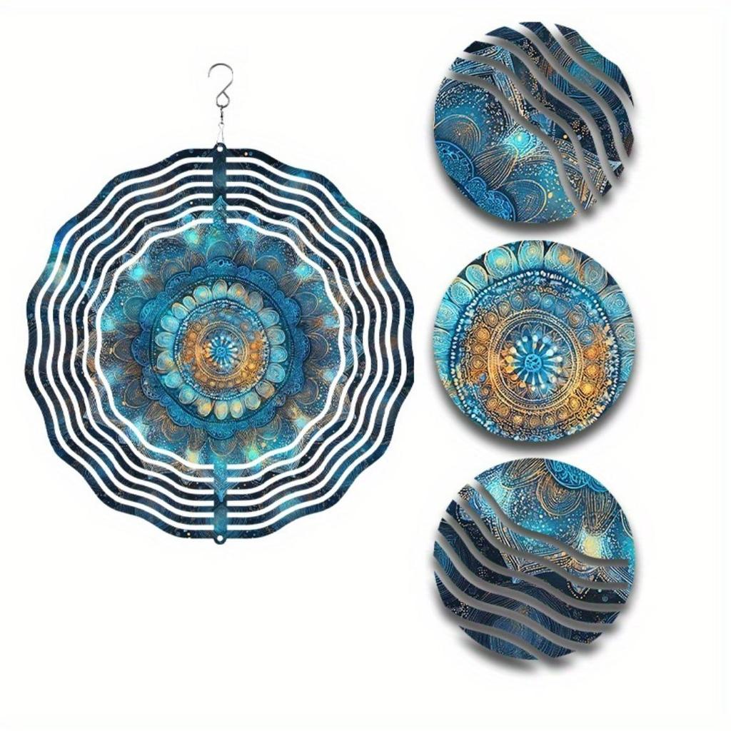 Bohemian Wind Spinner Outdoor Decor 10 Inch Hanging Garden Ornament with 360 Swivel Hook Blue Teal Gold Metal All Season Gift