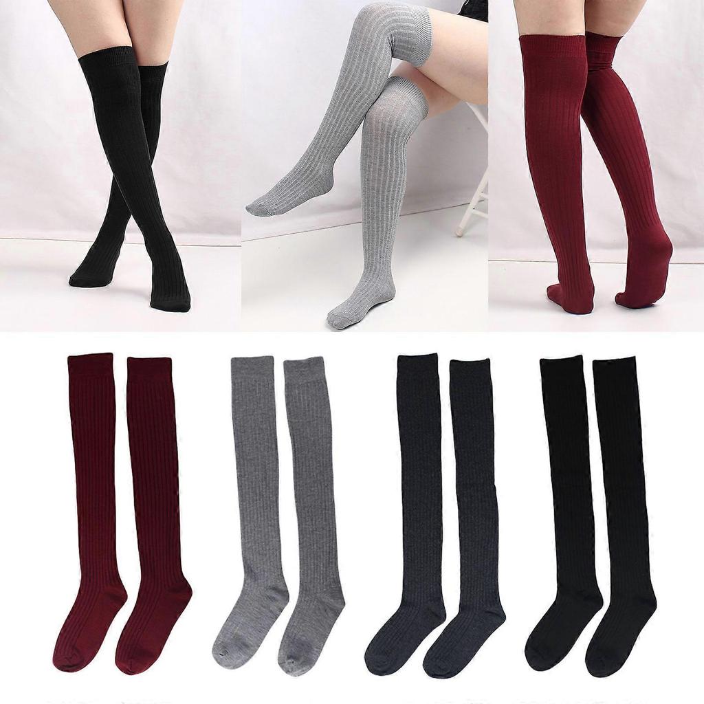 Fashionable Over Knee Long Tube Socks for Women Ribbed Knitted Striped Solid Color Thigh High Stockings Leg Warmers  Burgundy
