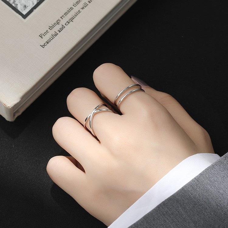 Double-Line Criss-Cross Adjustable Pure Silver Finger Ring for Women