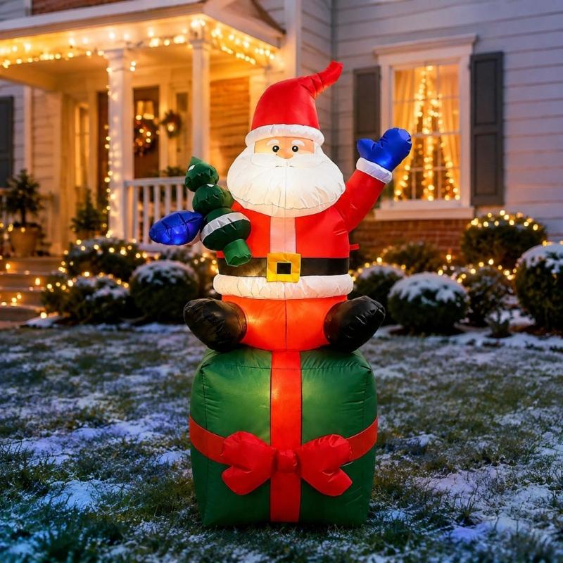 Lighted Christmas Inflatable Santa Holding Presents On a Colorful Gift, Electric Holiday Decoration for Shop Displays, Entryways, and Party Venues