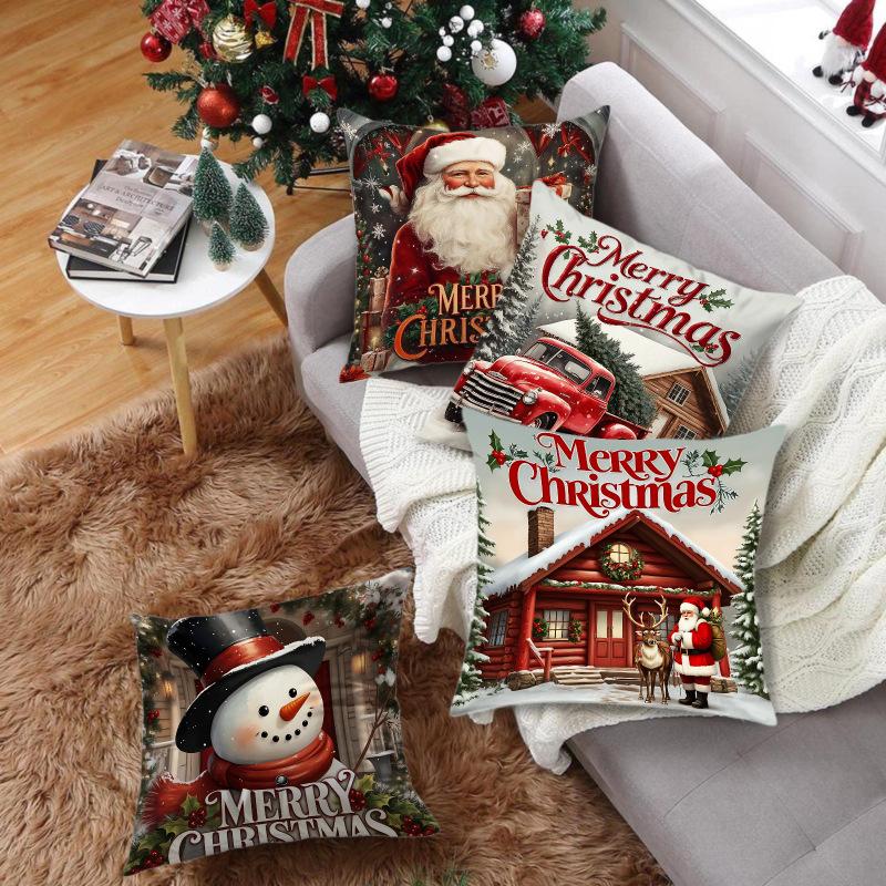 New Christmas Snowman Elk Print Festive Atmosphere Pillow Cover Home Office Car Cushion Cover