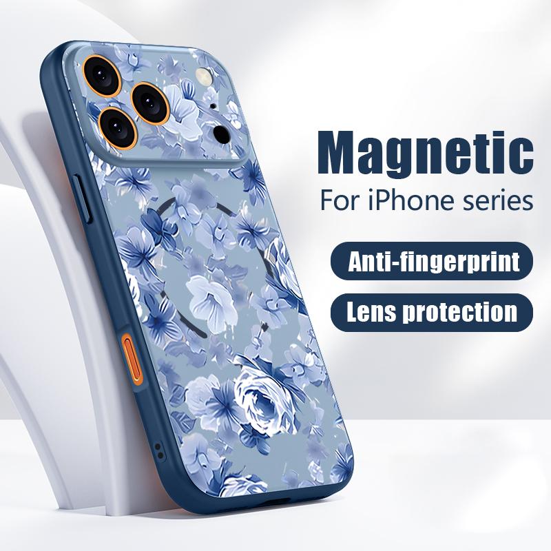 Magnetisch Für Magsafe Hülle Für iPhone 17 Pro Max Blau Rose Blumen Muster Hautgefühl Abdeckung Für iPhone 16 15 14 13 Pro Max