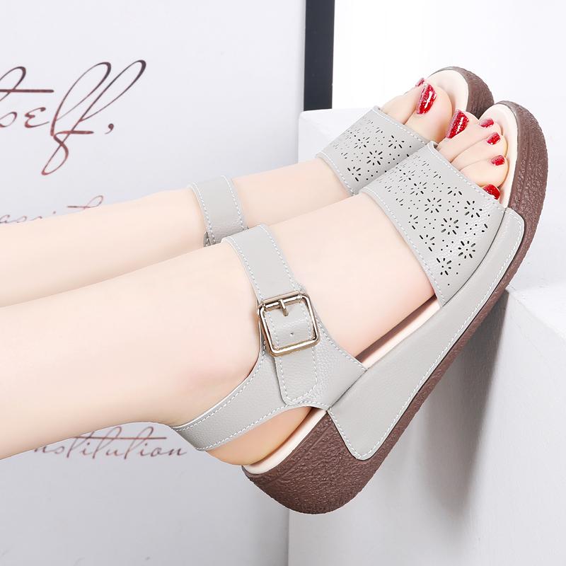 Women Beige Wedge Chunky Sandals Casual Brown Height Increase Platform Sandals for Mother Over Sized