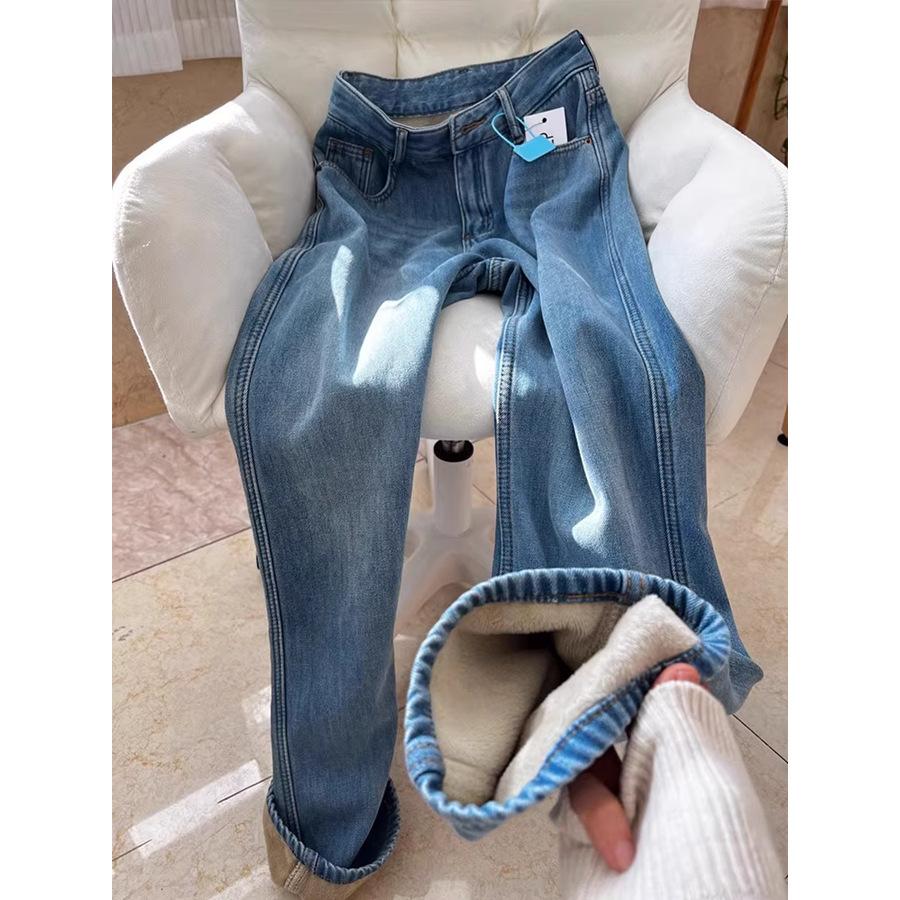 Women's High Waist Wide Leg Jeans Loose Fit Commuter Fleece Lined Straight Autumn Winter Denim Pants
