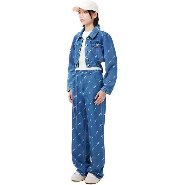 Li Ning Logo All Over Print Single Button Washable Denim Jacket Women Jacket Blue AJDT060-1