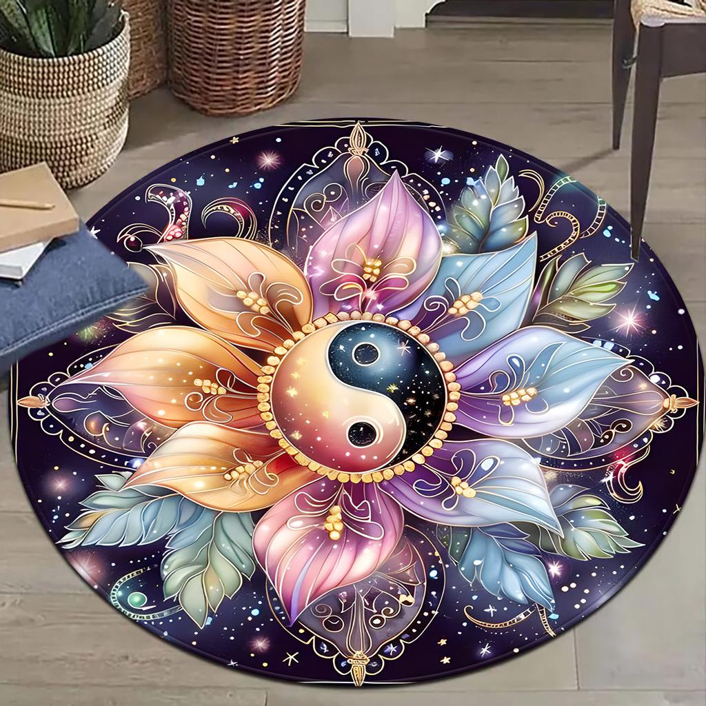 Tai Chi Yin Yang Lotus Round Rug, Colorful Non-Slip Fade-Resistant Circular Carpet for Bedroom and Living Room Decor