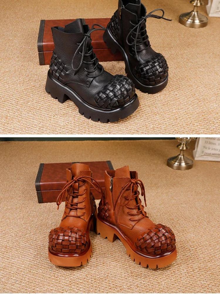 Johnature Retro Genuine Leather Woven Short Boots Lace-up Thick Bottom And Thick Heel Women's Boots
