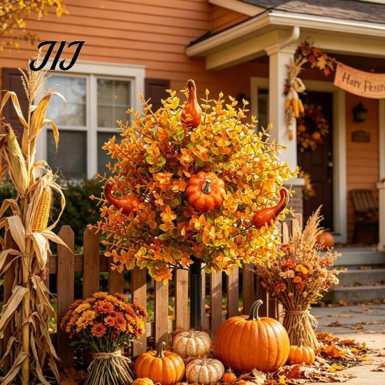 Harvest Themed Lawn Ornament Fall Pumpkin Topiary Trees with Stakes, Artificial Autumn Eucalyptus Leaf Gourd Weather Resistant Garden Walk Stakes