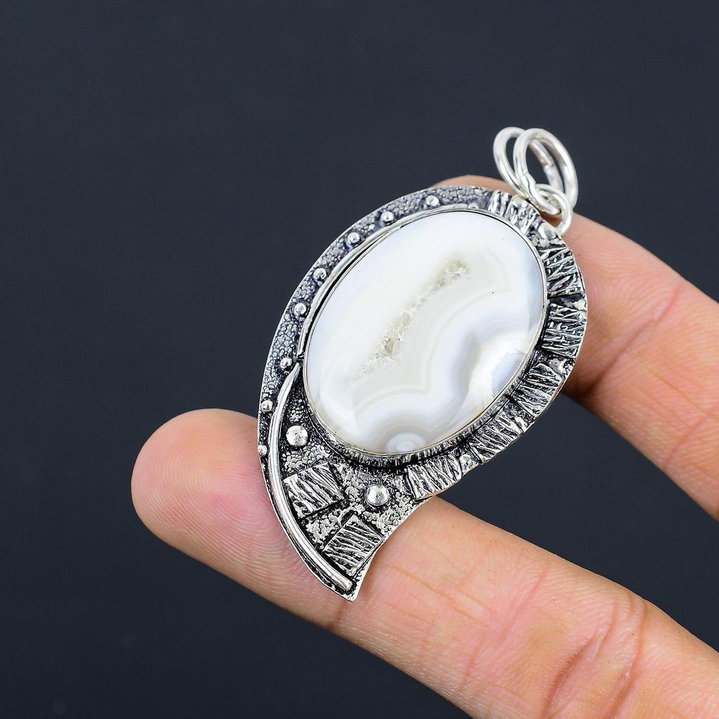 Womens Day Deal 925 Silver Oval Natural Botswana Agate Druzy Bezel Wife Pendant