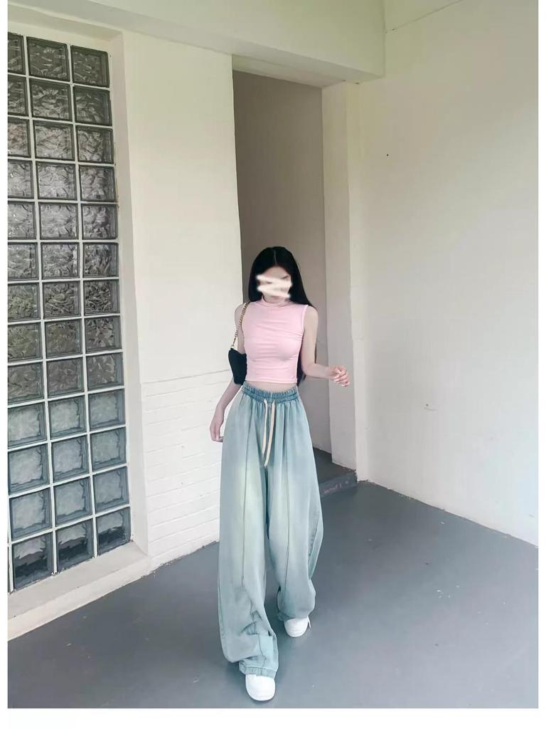 Women's High-Waisted Wide-Leg Ice Silk Jeans: Elastic Waist, Loose Fit, Slimming, Summer-Ready, Floor-Length.