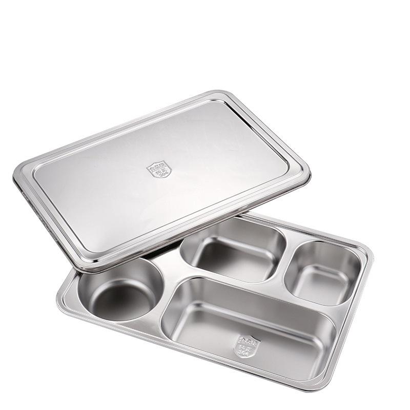 304 Stainless Steel Compartment Tray with Lid: Rectangular Fast Food and Canteen Rice Tray, Chinese Style