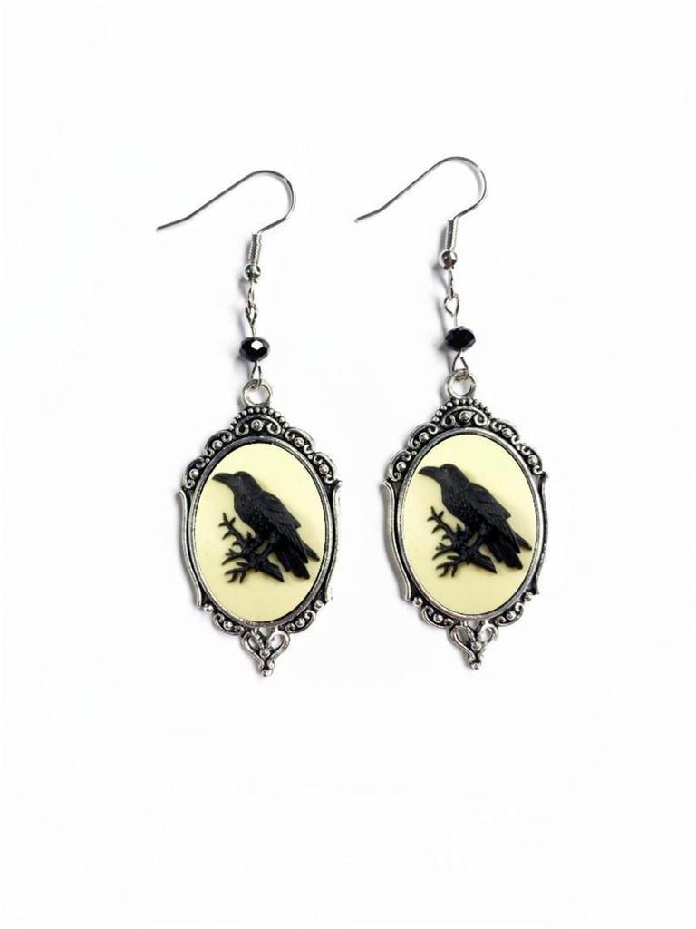 Vintage Cameo Crow Bird Earrings, Ethnic Flower Drop Earrings