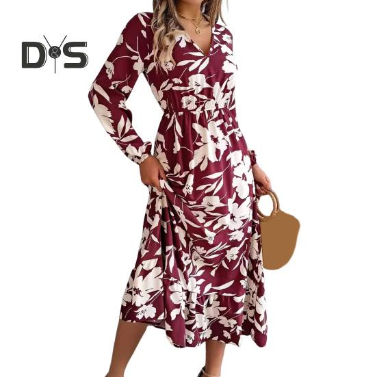 

Женское весенне-осеннее платье с V-образным вырезом, цветочным принтом, длинными рукавами, зауженной талией, А-силуэтом, струящимся оборчатым подолом, для свиданий и шопинга, миди-платье S вино красного