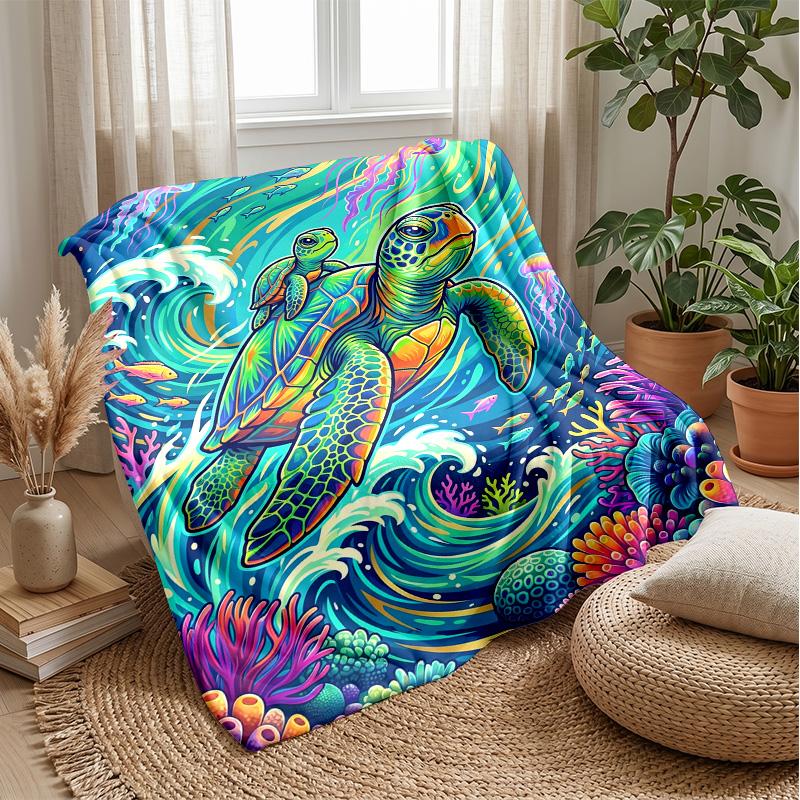 Ocean Adventure Turtle 7 Theme Blanket Lightweight Warm Flannel Blanket Decorative Throw Blanket for Home Decoration