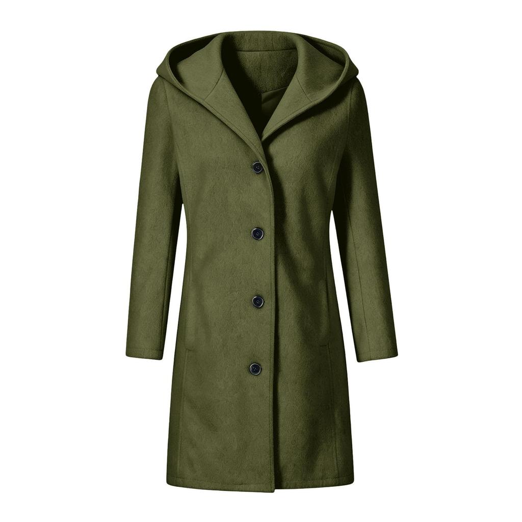 Women's Casual Hooded Single-Breasted Long Woolen Overcoat for Fall and Winter Everyday Wear
