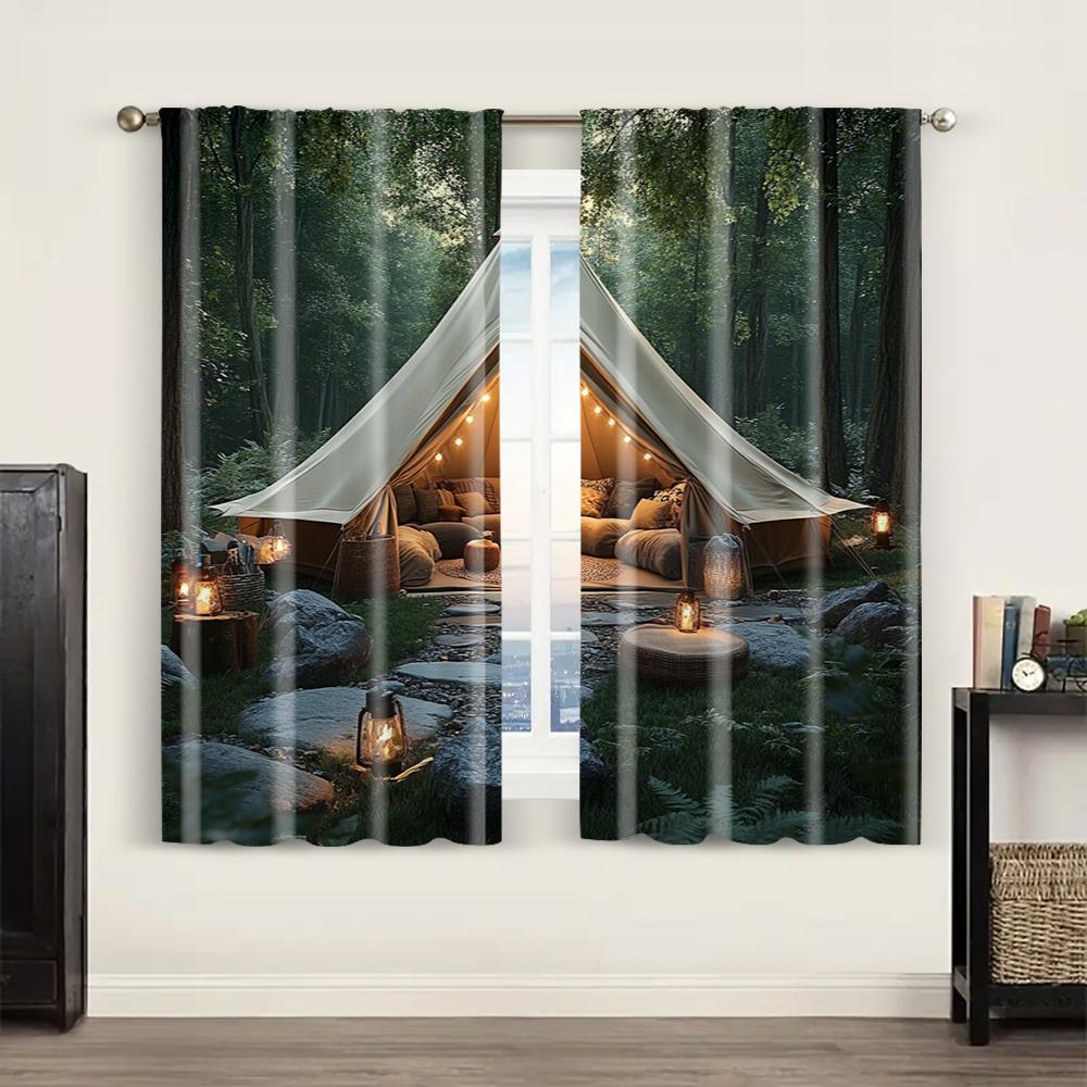 2pc,  Party Curtain Forest Scene Camping Machine Washable Fabric,Without Electricity Festive Backdrops Use for College Dormitory