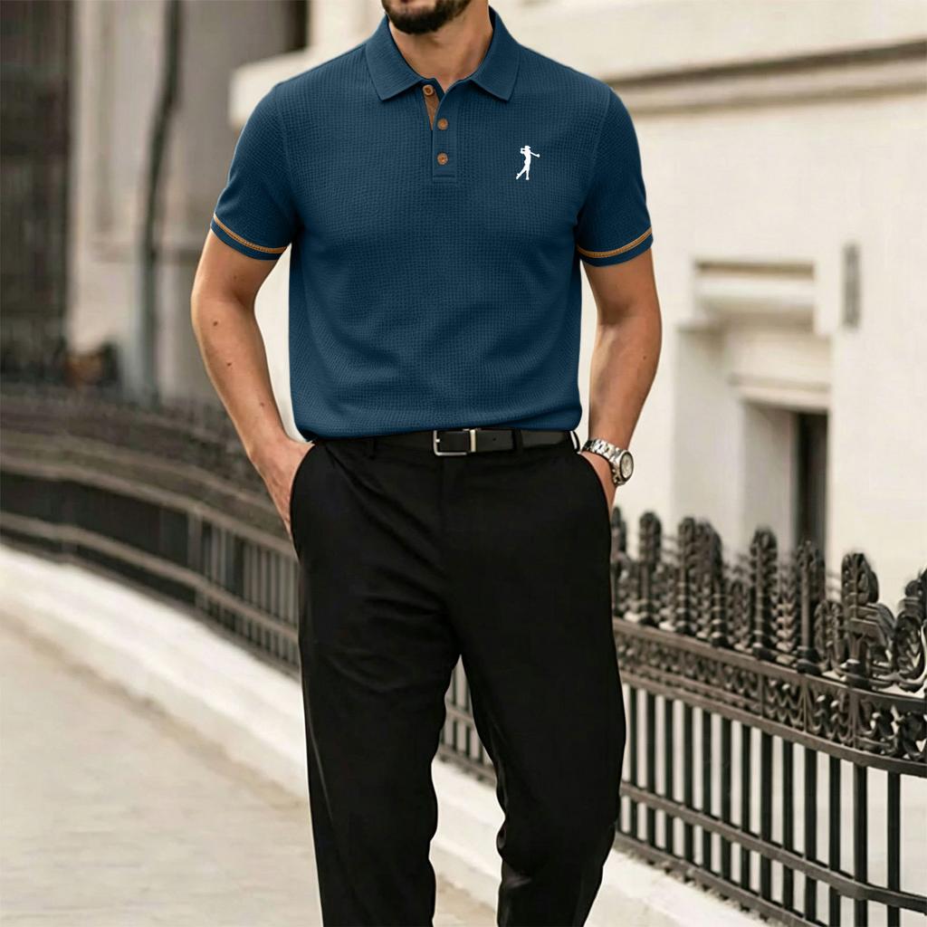 Men Mesh Ice Silk Short Sleeve Polo Shirt with Shirt Collar Button Closure and Embroidered for Summer Casual Wear