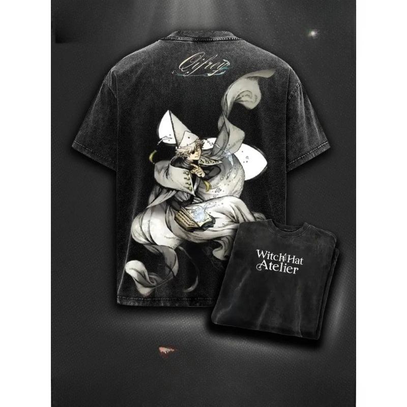 Qifrey Witch Hat Atelier Clothing Men Women Manga T-shirts Vintage Washed T Shirt Casual Loose Cotton Tee Harajuku Male Tshirt S