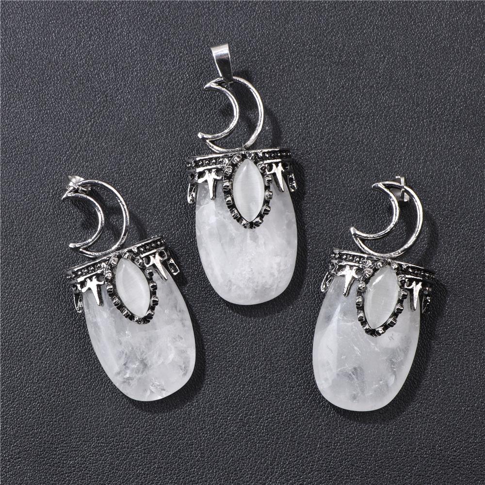 1pc Moon, tribal style pendant, natural stone,Tiger Eye,Jades,Crystal Stone Fashion Pendant Charm For Jewelry Making 26*52MM