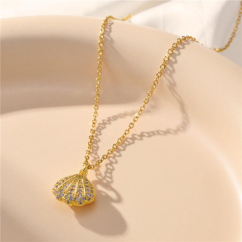 Korean Sweet Zircon Inlaid Open Pearl Shell Pendant Women Necklace Female Stainless Steel Party Jewelry Ladies Neck Chain