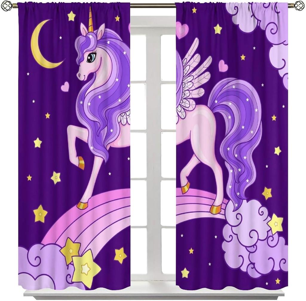 Purple Unicorn Curtains Girls Fantasy Mystery Fairytale Clouds Stars Magic Unicorns Window Drapes Kids Nursery Made Of Polyester
