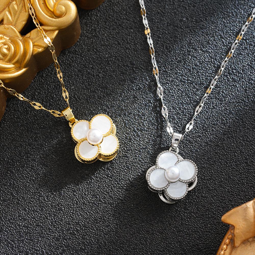 Natural Pearl & Cat's Eye Four-Leaf Clover Necklace - Rotating Titanium Steel Clavicle Chain for Women