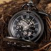 Steampunk Gear Hand Wind Mechanical Pocket Watch Vintage Black Skeleton Hollow Hand Fob Chain Watch Men With Roman Numbers