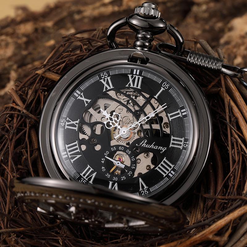 Steampunk Gear Hand Wind Mechanical Pocket Watch Vintage Black Skeleton Hollow Hand Fob Chain Watch Men With Roman Numbers