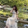 French Elegant Floral Dress Female Summer High Waist Skinny V-Neck Bubble Sleeve Sweet Salt Fairy Cake Dress